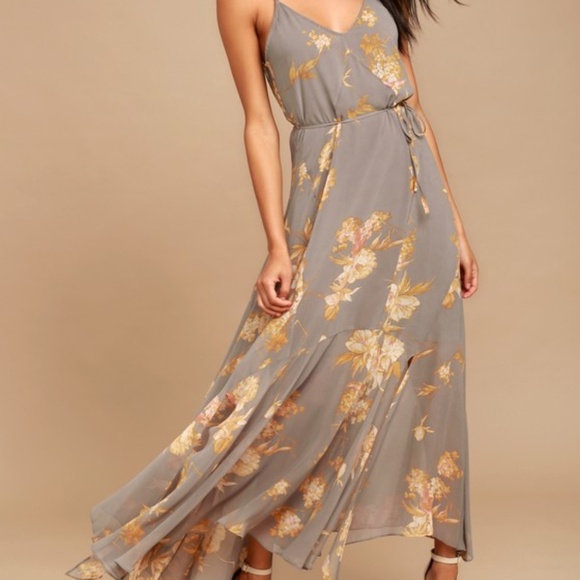 Lulus Feeling Freesia Grey Floral Print Maxi Dress - Size X-Small - Picture 1 of 2